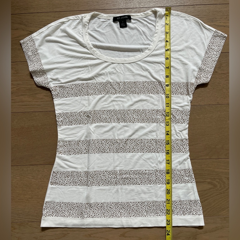 St John White and bronze embellished stripe Short Sleeve Top